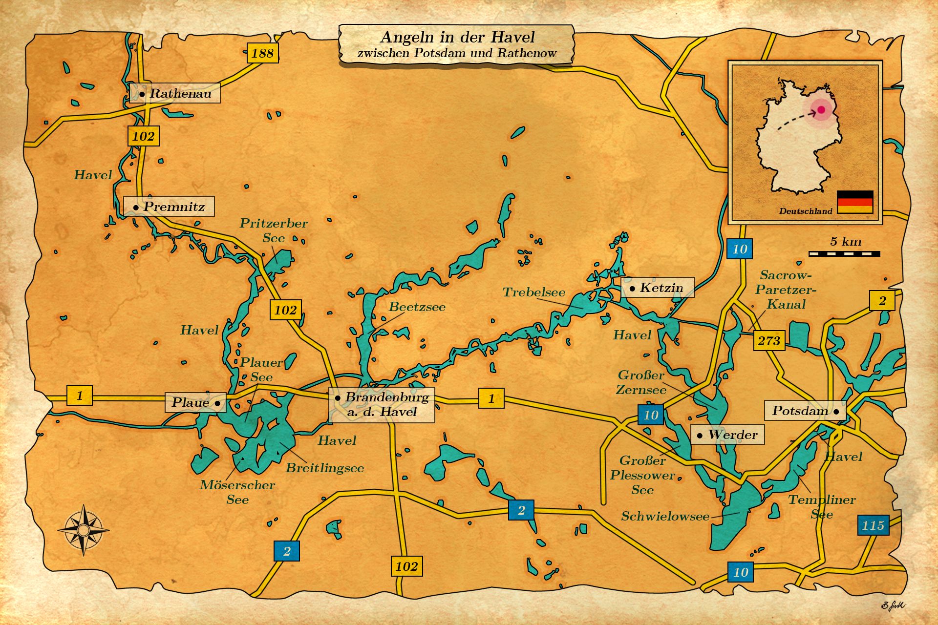 Karte mit guten Angelplätzen an der Havel