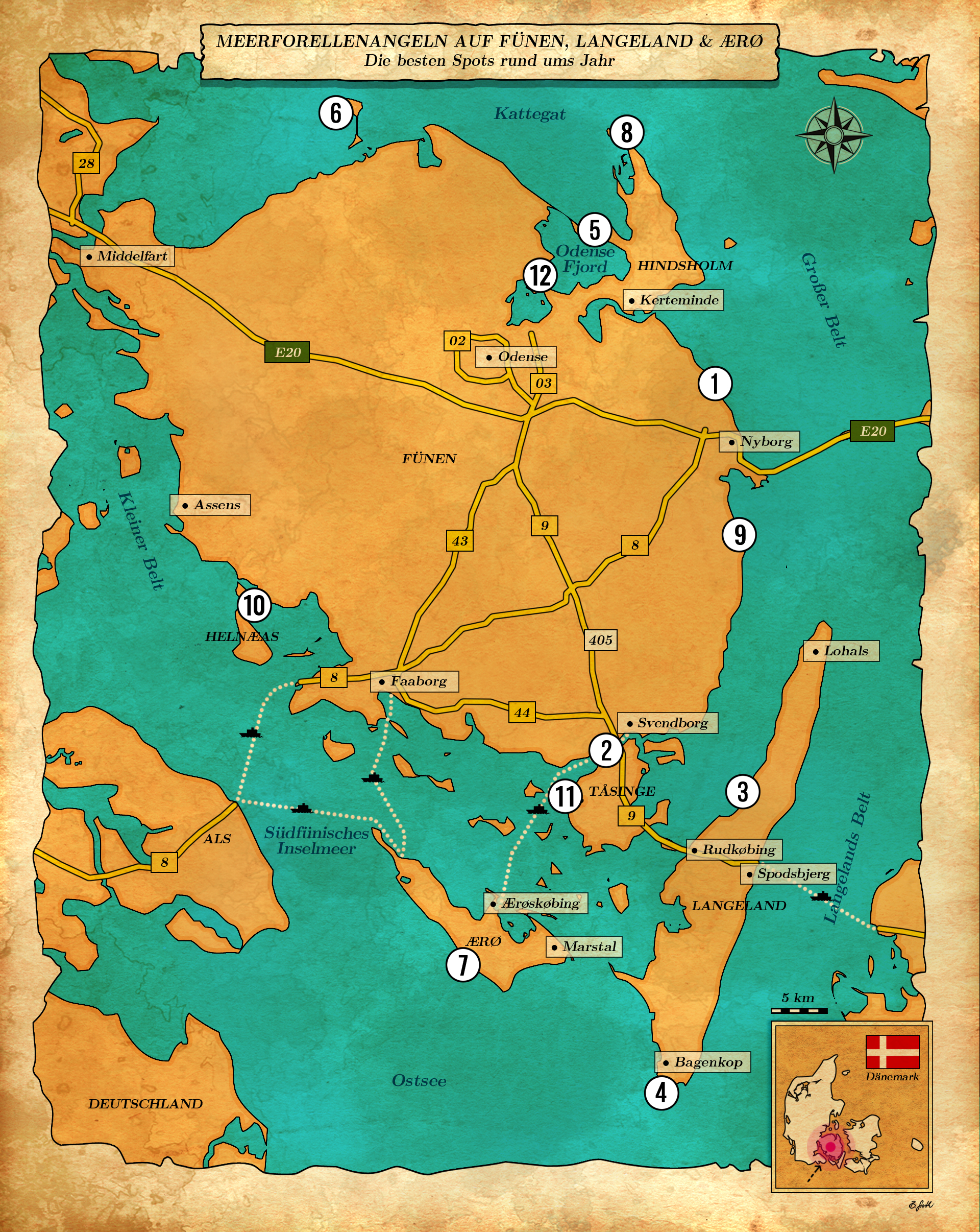 Karte mit Angelplätzen auf der Insel Fünen